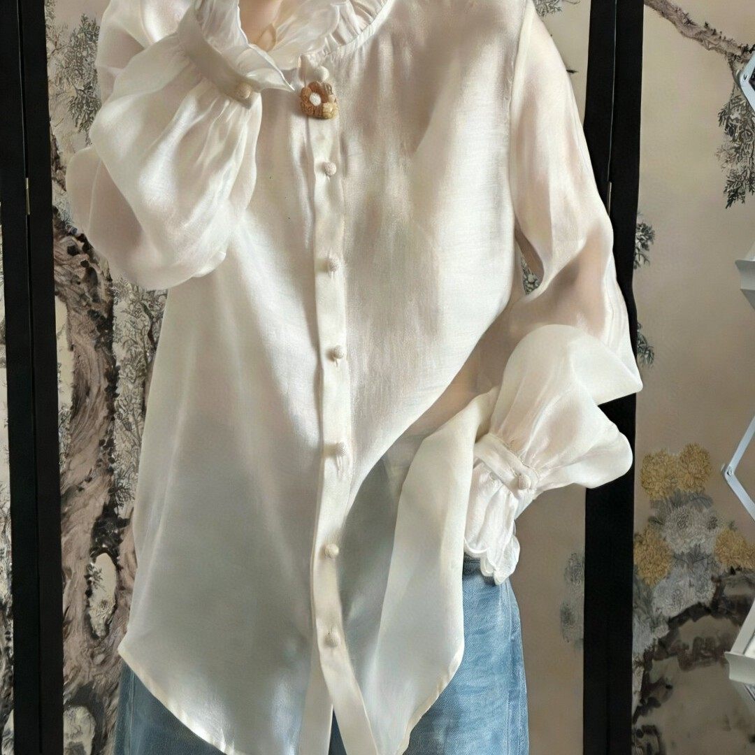 米米店26年早春法式木耳边单排扣天丝小衫YS243-G416,淘宝优惠券,粉丝福利购,淘宝优惠卷