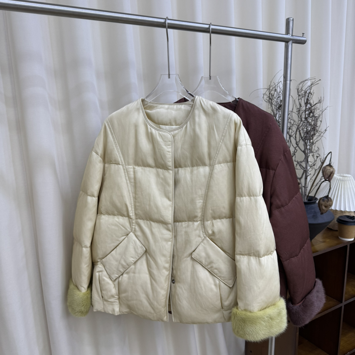 米米女短款拼接水貂毛加鹅绒外套羽绒服含85鹅绒WW-SQ0144555 - 图0