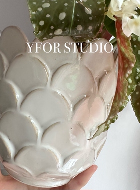 【YFOR STUDIO】出口外贸复古陶瓷无孔白绿色秋海棠蝴蝶兰花盆