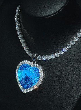 极速项链海洋之心链锁q骨吊坠宝石爱心欧美蓝夸张心形新款时尚女