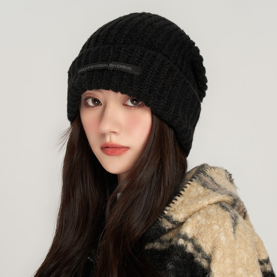 Winter large head circumference knitted woolen hat for women with ear protection and warmth