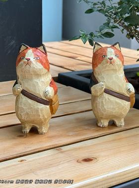 复古做旧手工木雕猫咪创意桌面摆件木质雕刻工艺品室内造景装饰