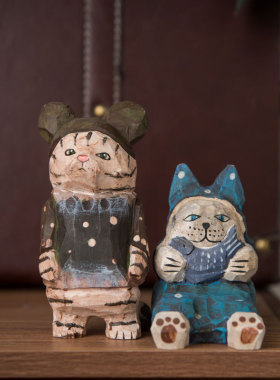 木雕创意复古猫咪桌面摆件