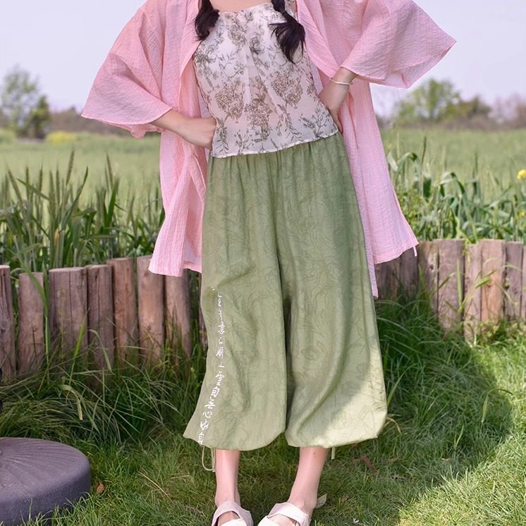 知则原创汉元素绿色改良宋裤国风阔腿裤日常汉服夏新中式【自闲】,淘宝优惠券,粉丝福利购,淘宝优惠卷