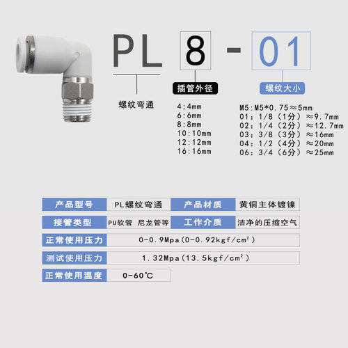 PL气管接头快插螺纹L型直角弯头8-02/6-01/4-M5/10-03/12-04外径 - 图2