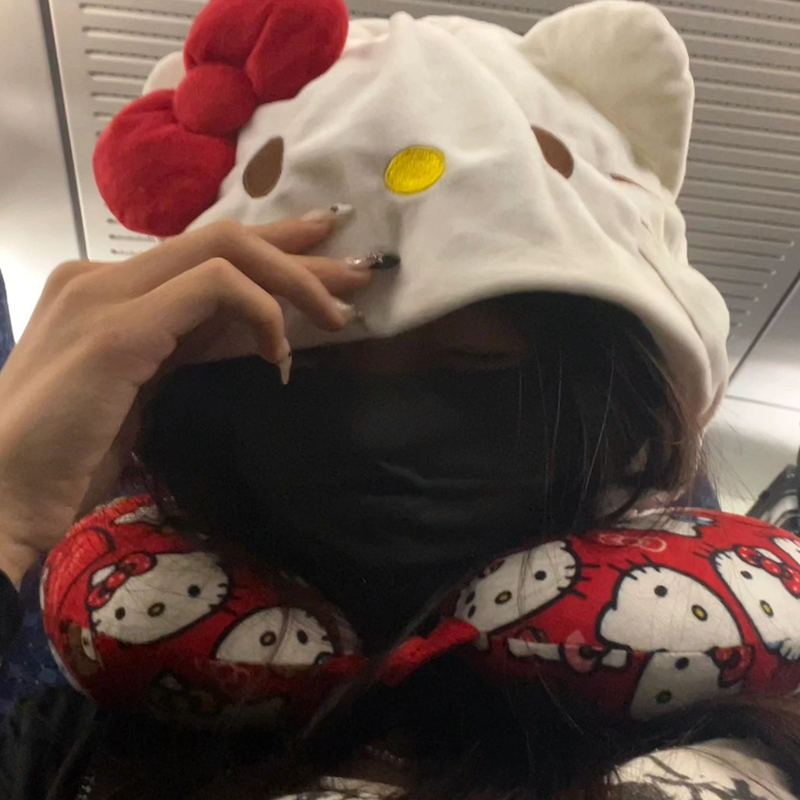 hellokittyU型枕迪士尼护颈枕雪莉玫连帽办公室午休帽子飞机枕头-图1