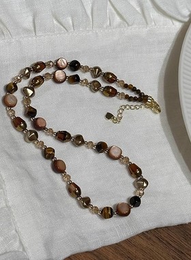 新款美拉德天然石虎眼石咖色珍珠串珠项链高级感女款2024新款