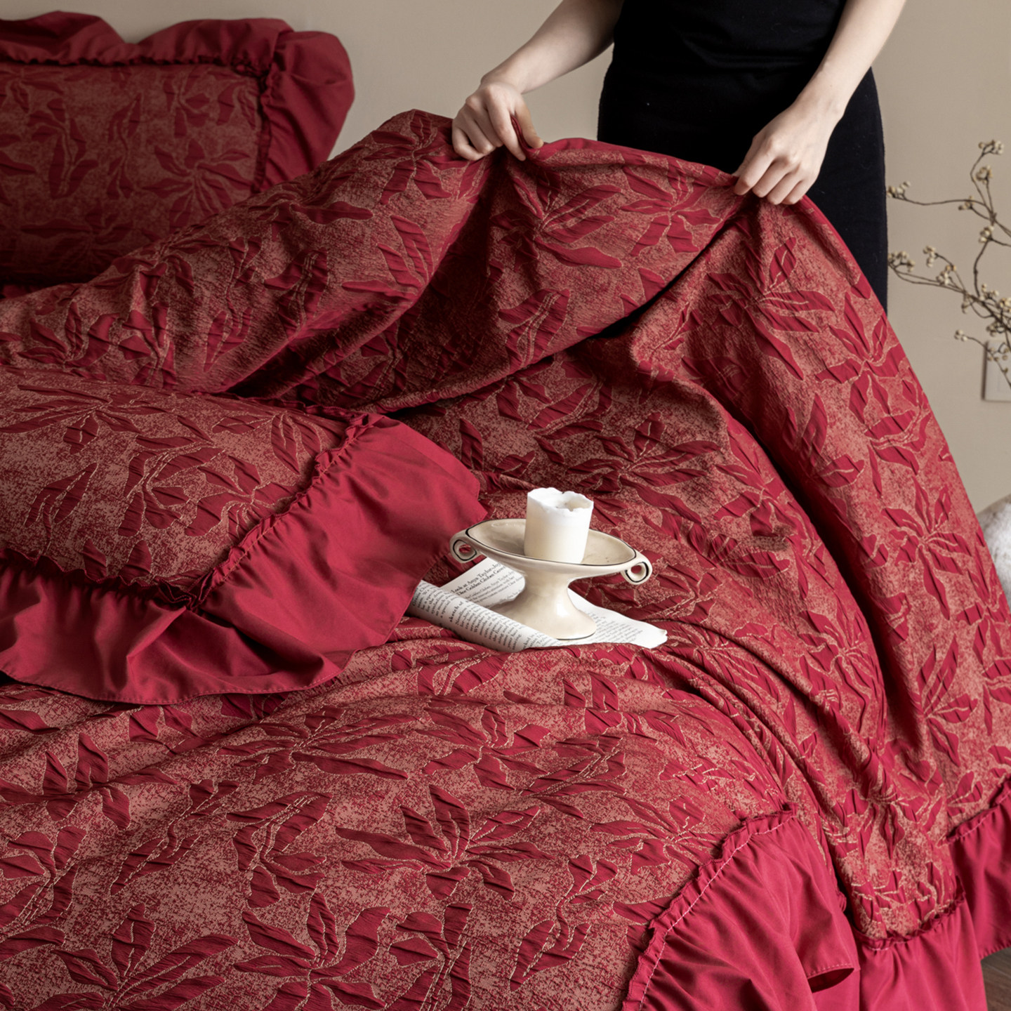 French 100S red wedding four-piece set 2026 wedding quilt