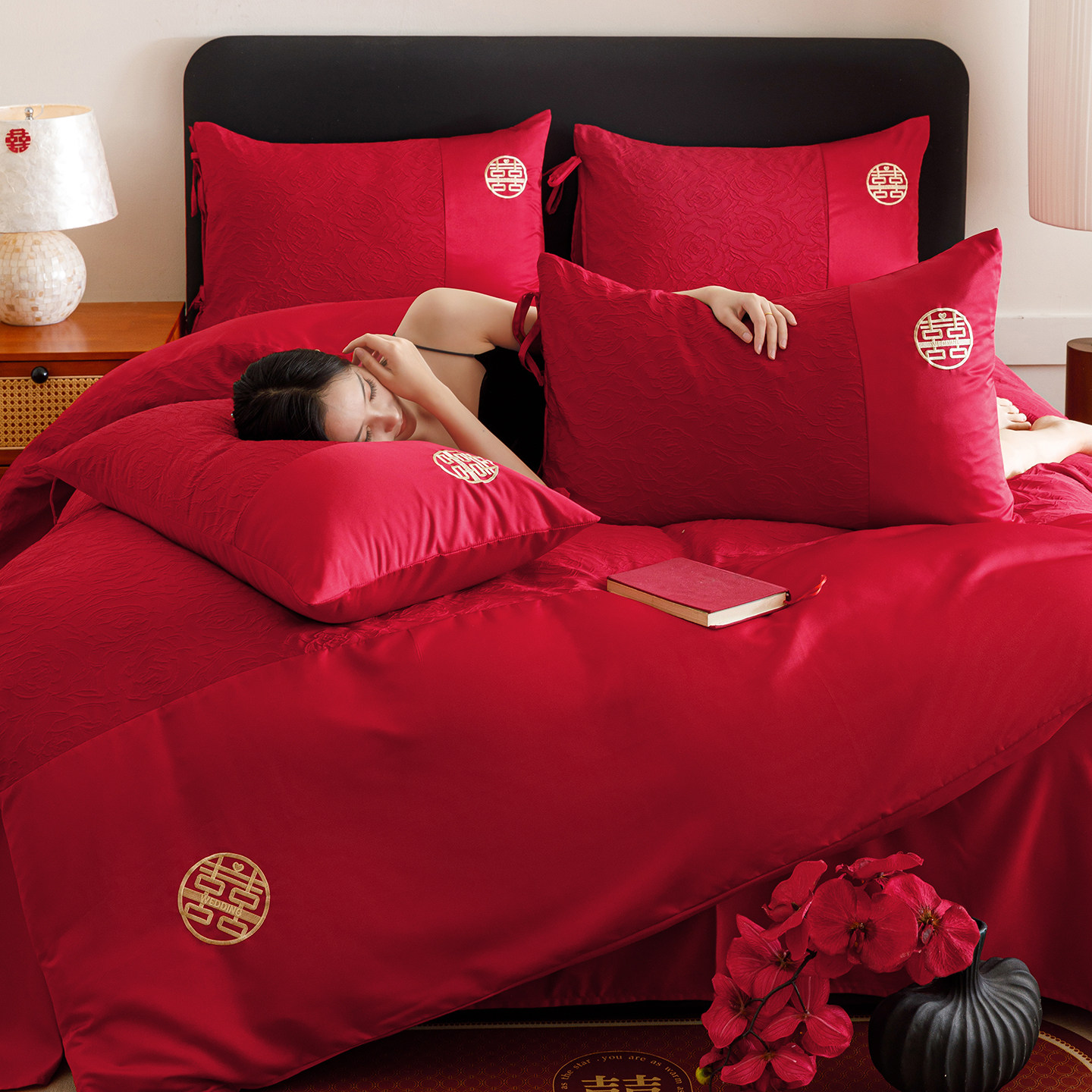 高档新中式全棉结婚四件套纯棉提花被套床单红色婚庆床上用品床笠,淘宝优惠券,粉丝福利购,淘宝优惠卷