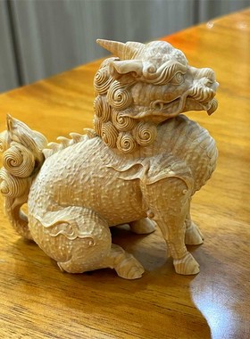 速发黄杨木雕马蹄麒麟手创件把意居家艺工品客厅电视柜装饰礼品