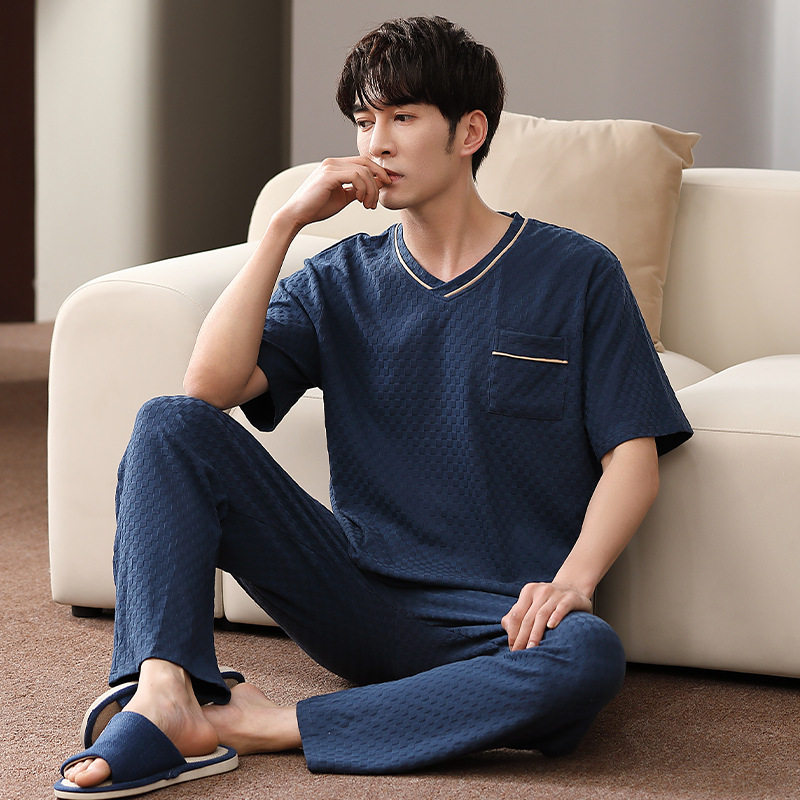 爽棉男夏季短袖纯棉长裤睡衣家居服V领套装加肥宽松XXXXL大码 RR - 图1
