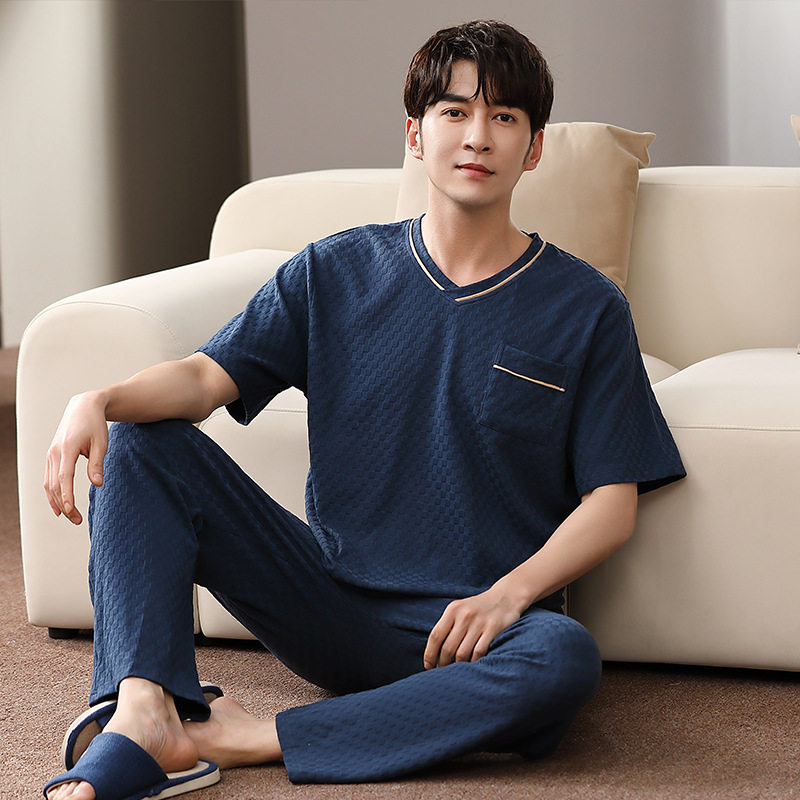 爽棉男夏季短袖纯棉长裤睡衣家居服V领套装加肥宽松XXXXL大码 RR - 图2