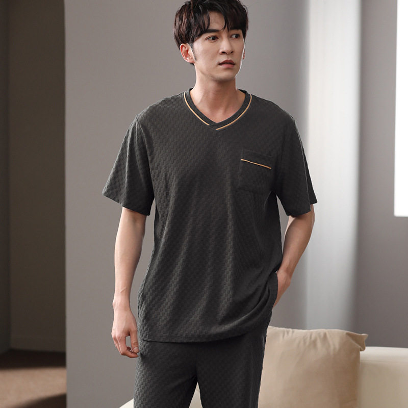 爽棉男夏季短袖纯棉长裤睡衣家居服V领套装加肥宽松XXXXL大码 RR - 图0