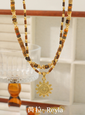 芮拉美拉德风虎眼石手工串珠项链小众气质不锈钢太阳吊坠锁骨链女