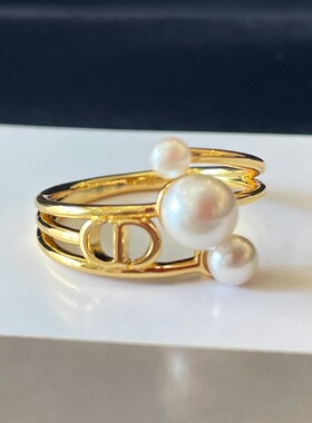 小众珍珠拼高碳钻金色CD双层戒指
