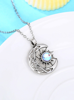 Sun And Moon Pendant Necklace Imitation Moonstone Retro