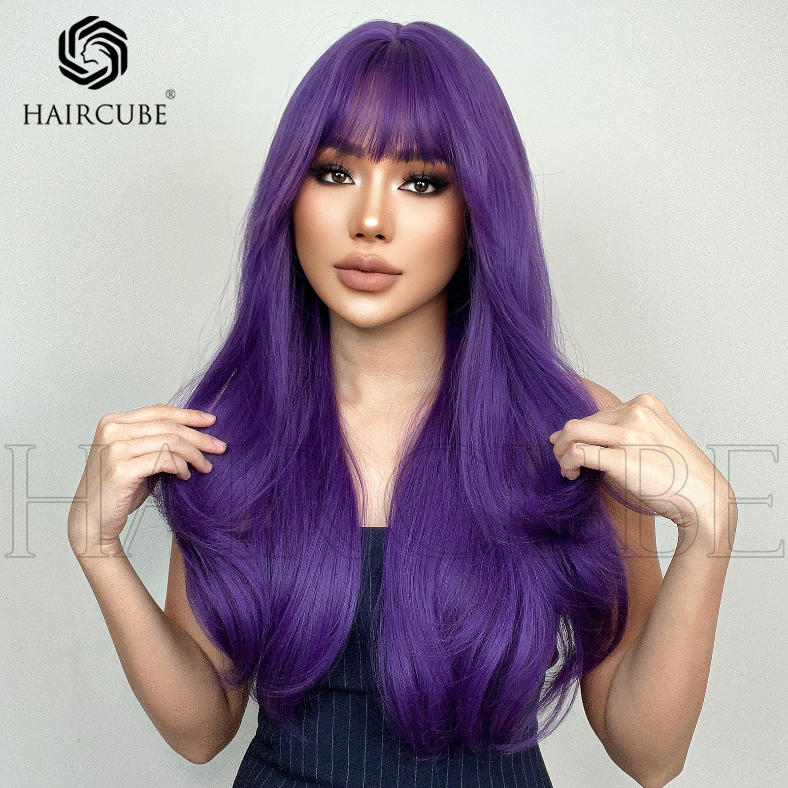 欧美紫色长卷发全头套假发 Purple long curly hair full set wig - 图1