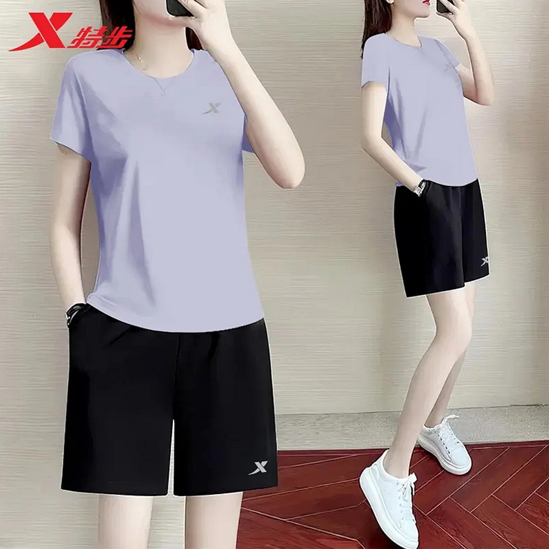 特步运动套装夏季薄款透气速干短袖短裤冰丝休闲运动服两件套女装 - 图1