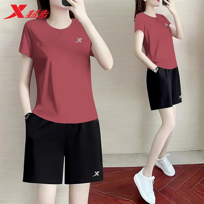 特步运动套装夏季薄款透气速干短袖短裤冰丝休闲运动服两件套女装 - 图2
