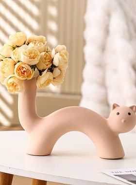 新款ins奶油风陶瓷花瓶可爱猫咪花瓶插花仿真花器客厅桌面小摆件