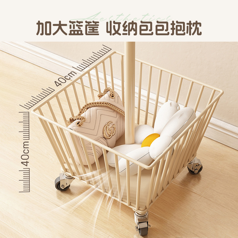 奶油风落地衣帽架卧室落地挂衣架可移动带轮转角床边收纳篮脏衣篓 - 图1