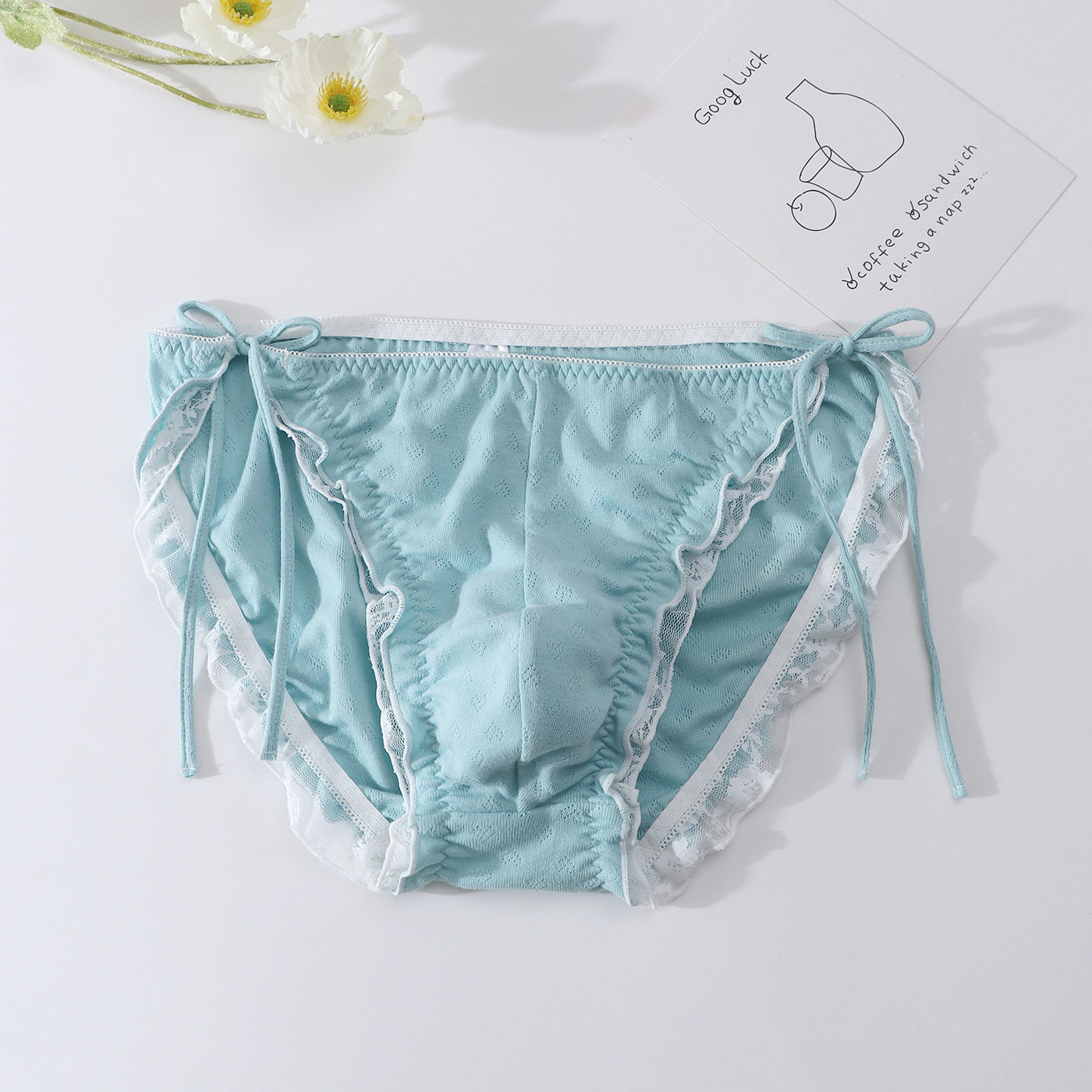 纯棉男士蕾丝花边少女风内裤伪娘系带舒适弹力三角裤（有囊袋）,淘宝优惠券,粉丝福利购,淘宝优惠卷