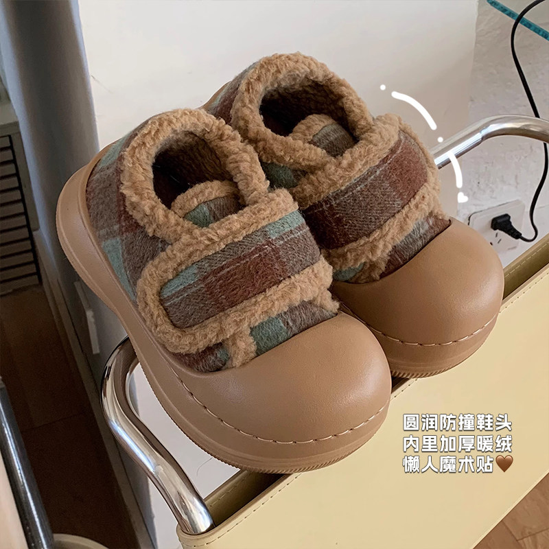 学生网红厚底外穿魔术贴毛毛鞋女防滑复古撞色格子冬季面包鞋棉鞋,淘宝优惠券,粉丝福利购,淘宝优惠卷