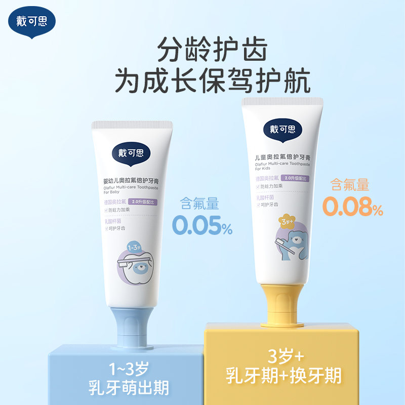 戴可思奥拉氟儿童牙膏1-3-6到12岁以上防蛀固齿含氟宝宝防龋齿