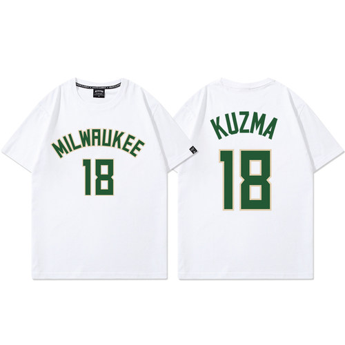 雄鹿队库兹马18号篮球衣男美式休闲运动训练短袖宽松纯棉半袖T恤 - 图3