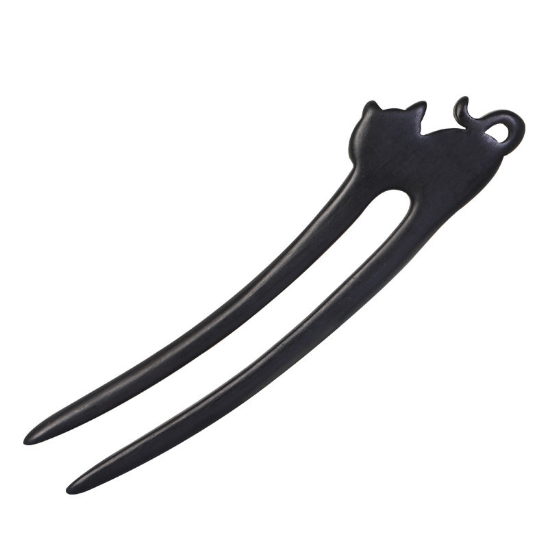 U型发簪古风发钗黑檀木簪子 盘发U钗月弯钗可爱猫咪木钗汉服头饰,淘宝优惠券,粉丝福利购,淘宝优惠卷