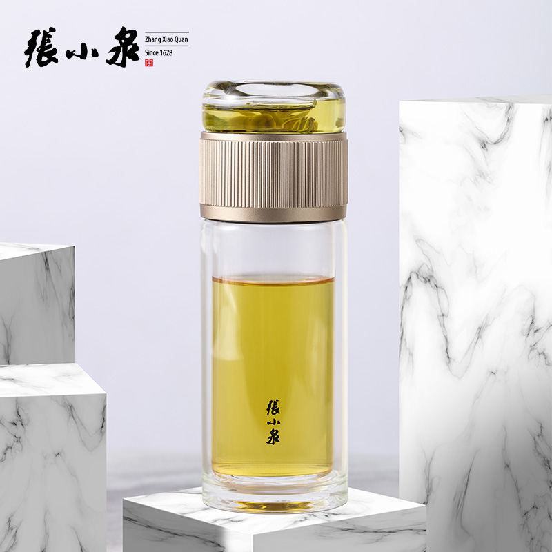 【特价】张小泉双层玻璃杯男士家用水杯高档便携透明盖泡茶水分离