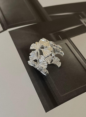 嘉兴银家s925纯银高级设计感银杏叶宽边开口戒指韩版ins精致指环