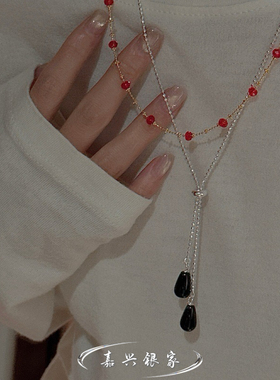 嘉兴银家s925纯银小众设计感水滴玛瑙项链女韩式风复古简约毛衣链