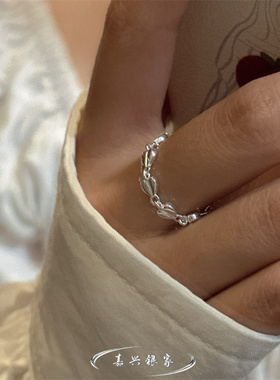 嘉兴银家s925纯银复古小众高级爱心抽拉戒指韩式ins精致质感指环