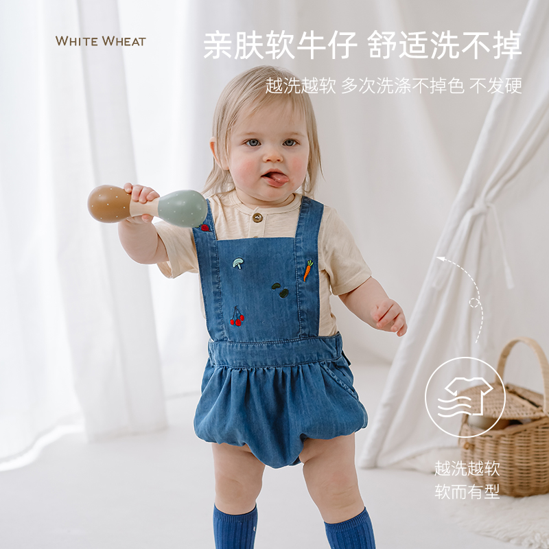 whitewheat宝宝2024夏季新款背带裤男童薄款裤子女孩休闲仿牛仔裤