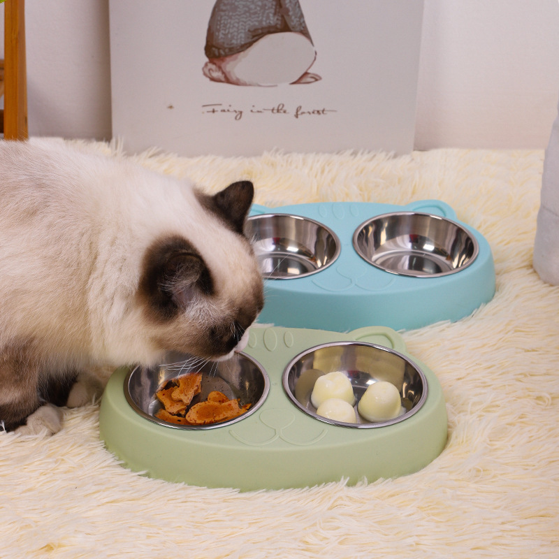 跨境不锈钢猫碗饮水喂食宠物饭盆宠物用品猫咪狗狗双碗食盆 - 图1