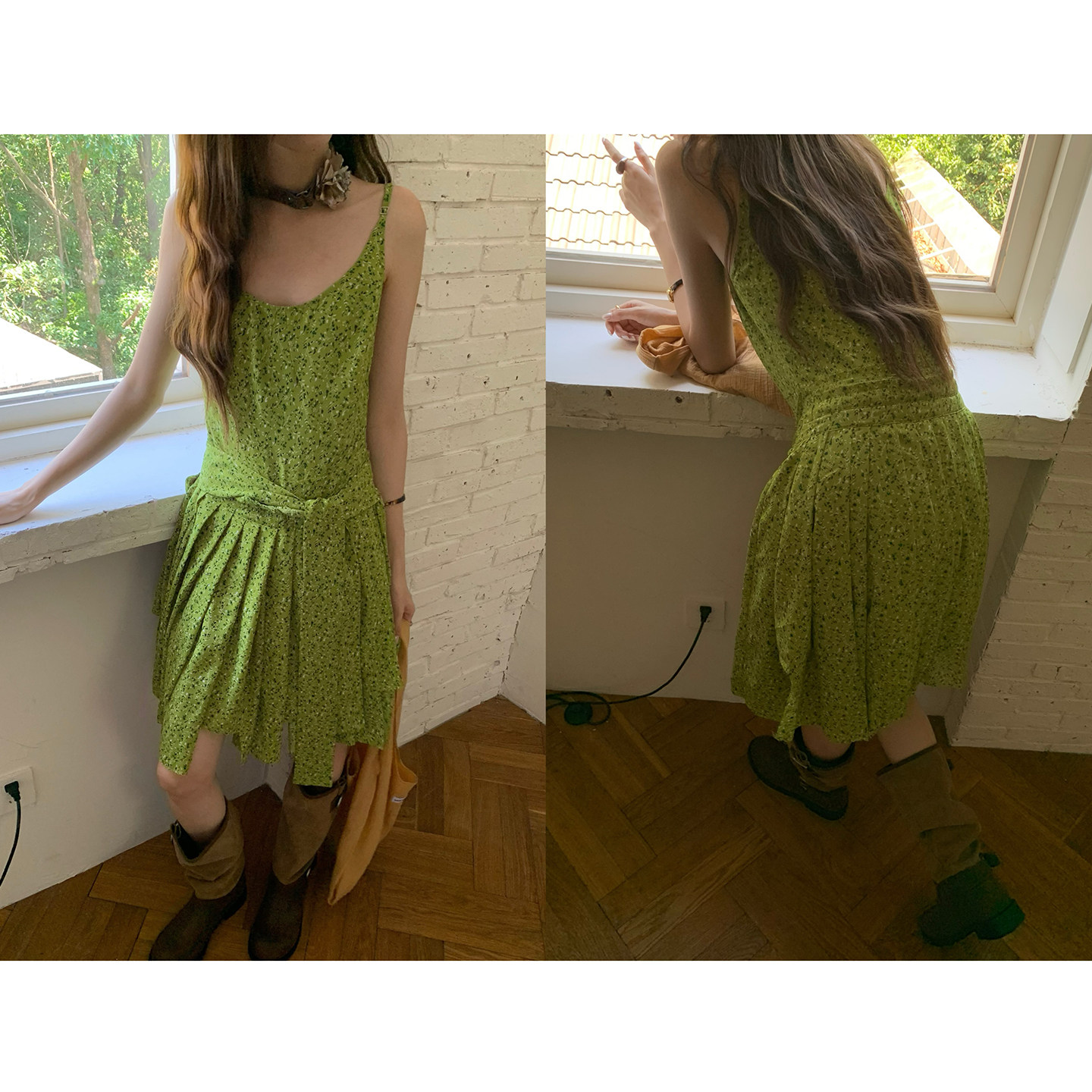 soolrok 松未韵一  不规则荷叶撕边裙摆u领吊带碎花腰带连衣裙,淘宝优惠券,粉丝福利购,淘宝优惠卷