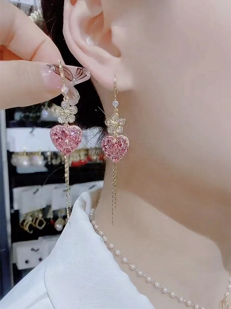 精致粉色花朵爱心流苏耳环女高级感圆脸显瘦优雅气质个性长款耳饰,淘宝优惠券,粉丝福利购,淘宝优惠卷