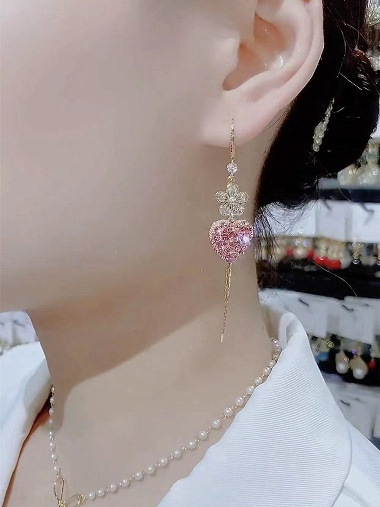 精致粉色花朵爱心流苏耳环女高级感圆脸显瘦优雅气质个性长款耳饰,淘宝优惠券,粉丝福利购,淘宝优惠卷