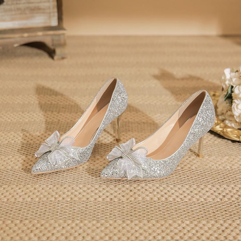 Wedding high Heels Women's Sequined bow French style shoes-图0