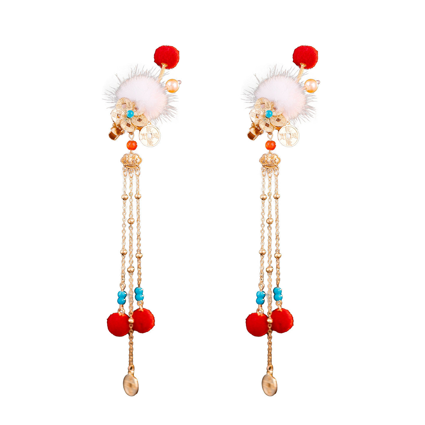 汉服古装秋冬百搭新年喜庆发夹气质日常仿铜钱毛球手工长流苏发夹,淘宝优惠券,粉丝福利购,淘宝优惠卷