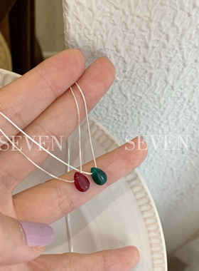 925纯银红豆绿豆百搭设计感项链水滴项链新中式简约小众颈链饰品