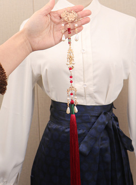 古风汉服马面裙压襟流苏红色长襟步国风超仙腰佩金锁挂件旗袍配饰