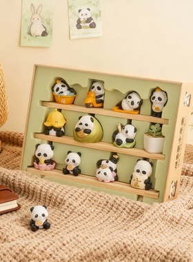可爱熊猫摆件套装木质收纳盒
