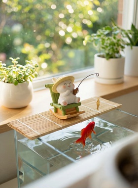 可爱猫咪钓鱼竹筏桌面摆件