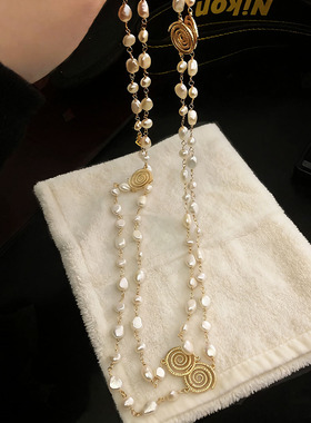 蚊香盘淡水珍珠长款毛衣链女秋冬