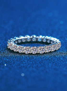 s925纯银莫桑石戒指女2.2克拉镀pt950满钻排戒高端莫桑石戒指女