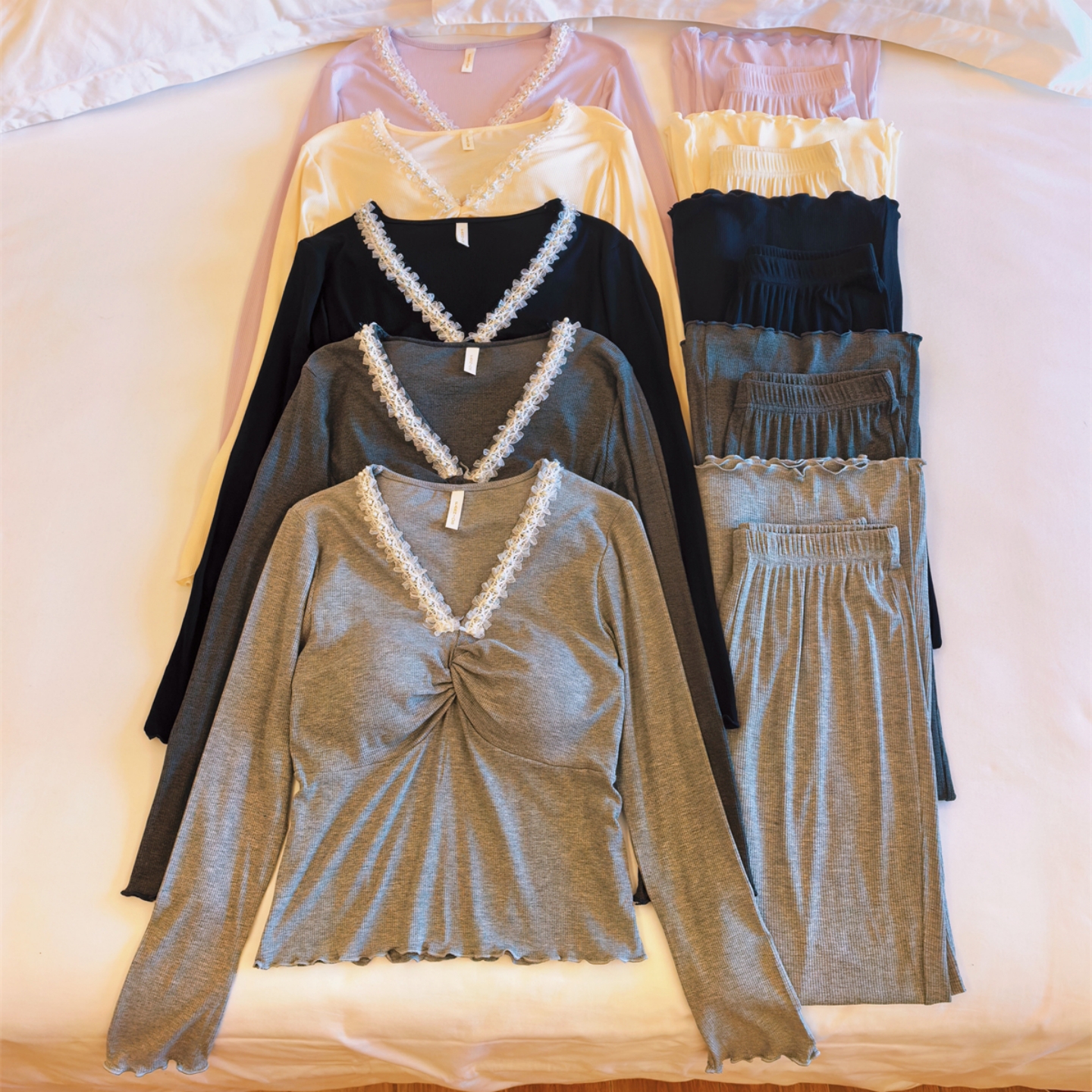 莫代尔睡衣女春秋冬季长袖长裤两件套薄款性感纯欲风带胸垫家居服 - 图3