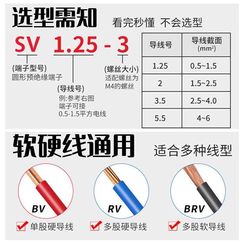 SV叉型冷压接线端子铜鼻子线鼻子1.25-3预绝缘压线耳电线接头