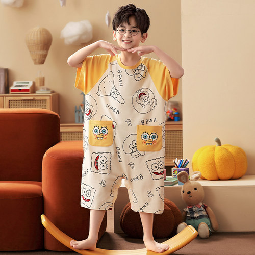 男童连体睡衣夏季纯棉短袖连体衣防踢遮肚卡通小孩儿童空调家居服 - 图0